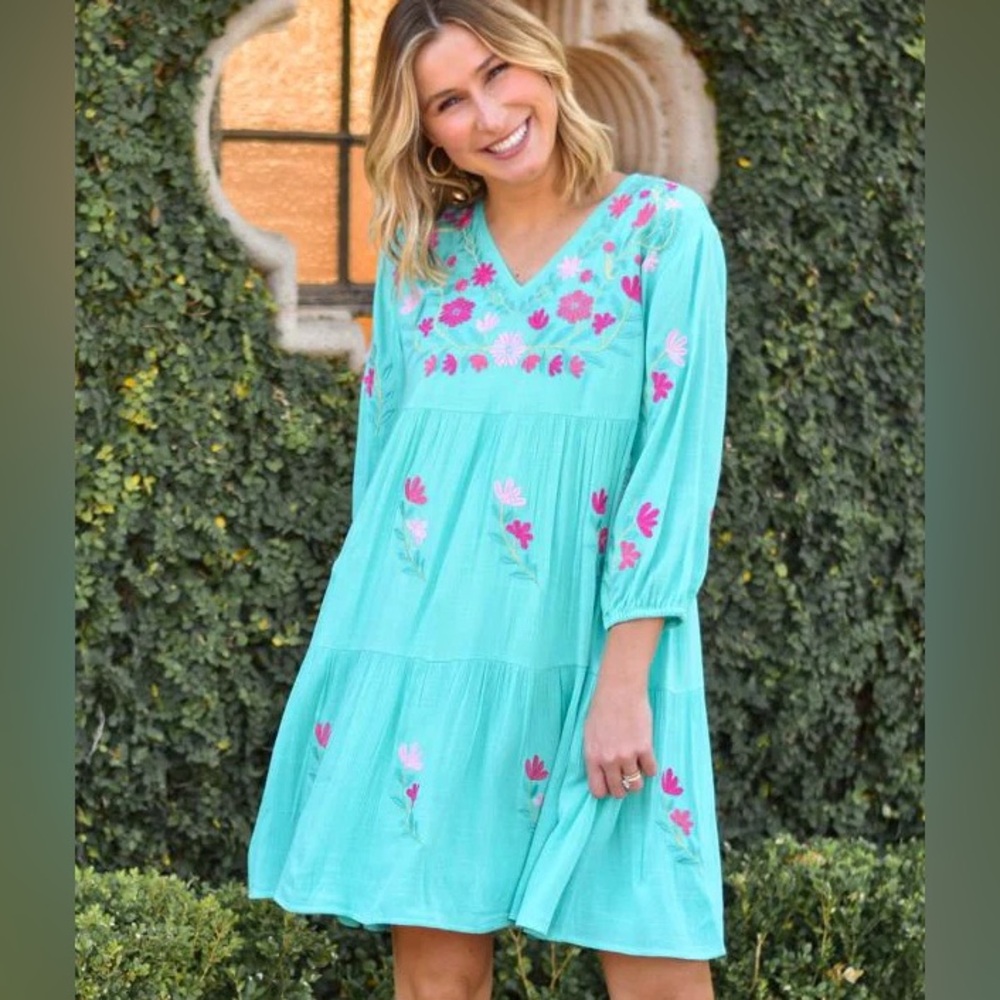 Jmarie Turquoise Green Dress with Pink Floral Embroidery